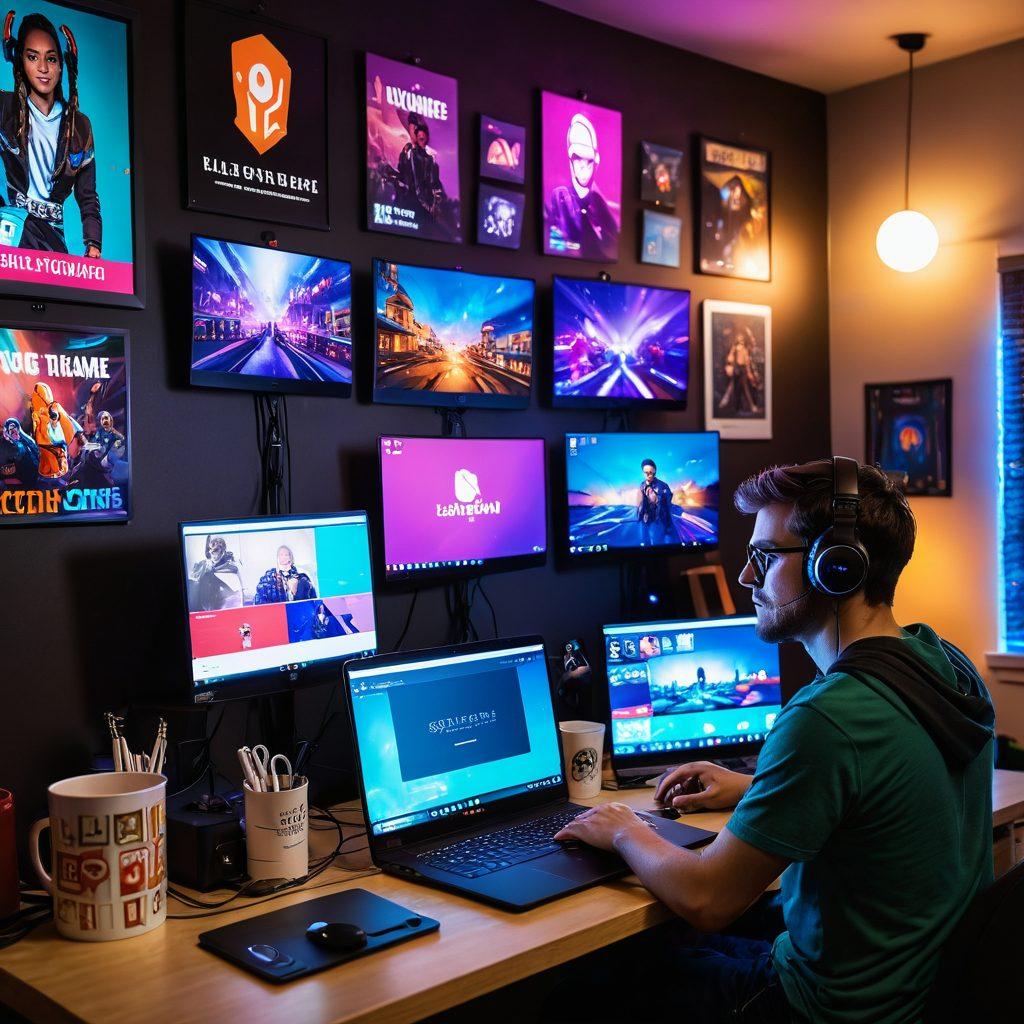 A dynamic scene of a passionate streamer setting up their high-tech live streaming equipment in a cozy, modern room. The wall is adorned with posters of popular games and streaming personalities, while colorful LED lights illuminate the space. In the foreground, a laptop displays a live chat interface filled with enthusiastic comments. A coffee cup sits next to the equipment, symbolizing a long streaming session. digital art. vibrant colors. cozy atmosphere.