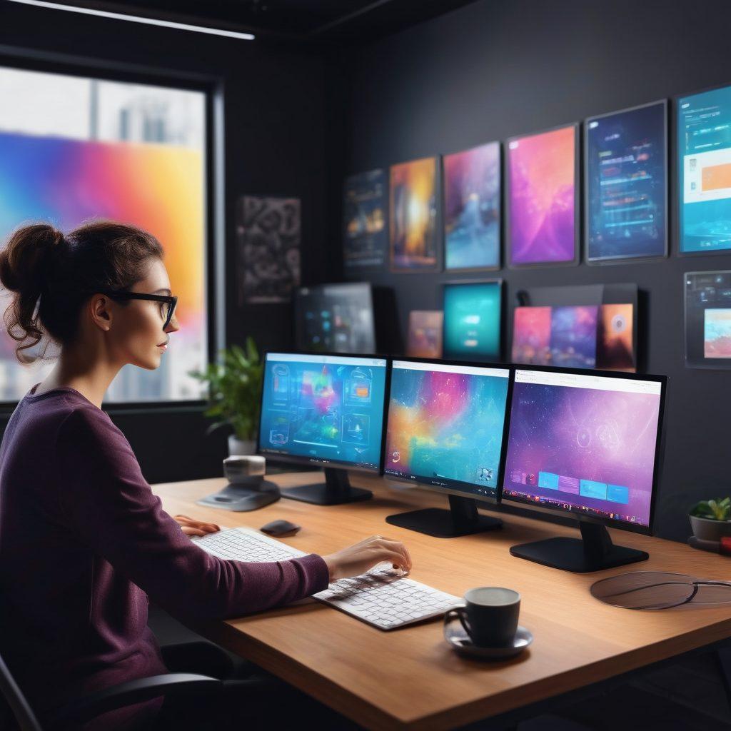 A dynamic workspace scene showcasing a high-tech webcam setup on a sleek desk, with vibrant streaming graphics in the background, illustrating live streaming and video conferencing features. Include a person engaged in a virtual meeting, surrounded by colorful digital interfaces and chat bubbles. The atmosphere should convey energy and innovation. super-realistic. vibrant colors. digital art.