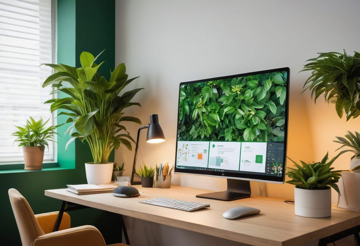 A modern home office setup featuring a high-quality webcam on a sleek desk, with a bright ring light illuminating a professional-looking young person engaged in a video call. Include elements like a laptop, notepad, and plants for a vibrant atmosphere. Showcase a digital screen displaying tips and icons for live streaming and video communication. super-realistic. vibrant colors. bright background.